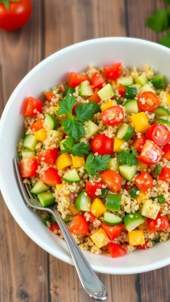 A colorful quinoa salad with vegetables and parsley in a bowl on a wooden table.